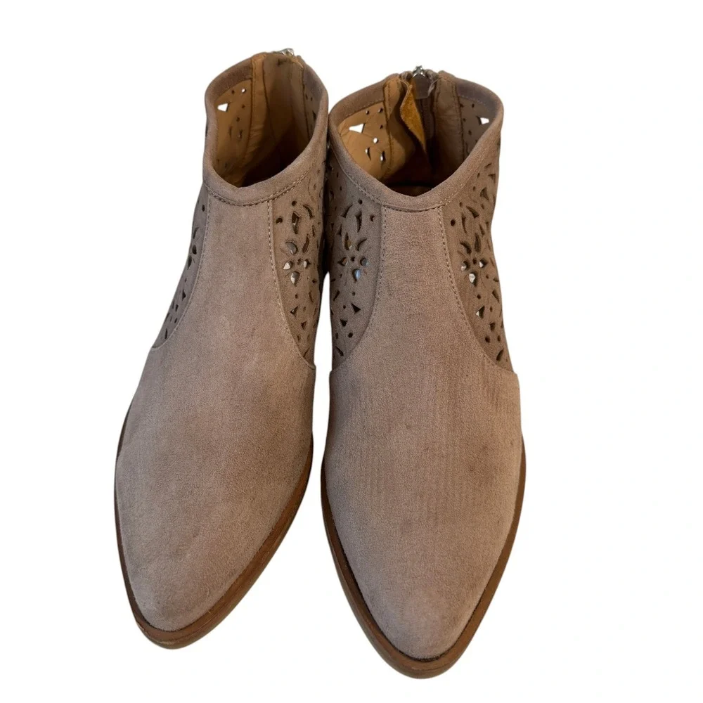 Italeau Taupe Suede Laser Cut‎ Ankle Boots Womens 36 Boho Italian Leather Zip - Picture 6 of 8